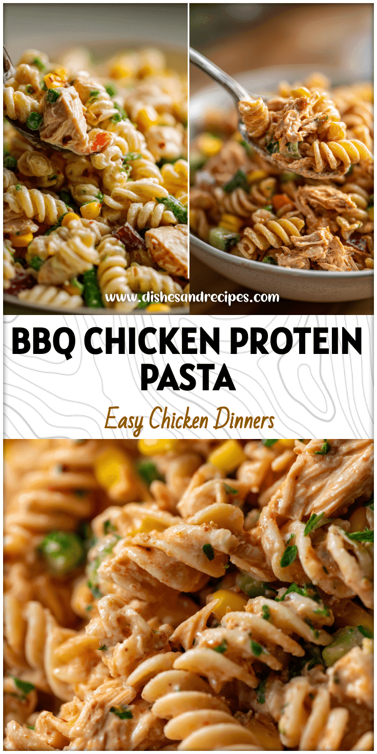 Close-up of creamy protein pasta salad with BBQ chicken, corn, and colorful vegetables in a serving bowl.