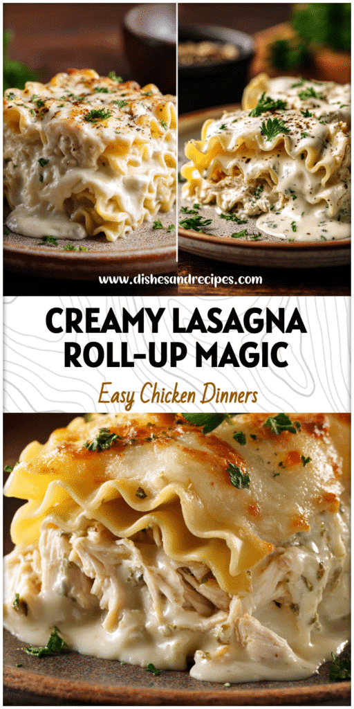 Rolled White Chicken Alfredo Lasagna with creamy sauce and parsley on a rustic plate for Amazing Supper Ideas