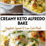 Creamy Chicken Alfredo Spaghetti Squash Bake (Keto & Low Carb) 5 Golden baked Chicken Alfredo Spaghetti Squash topped with melted cheese and fresh parsley on a white dish keto-friendly style