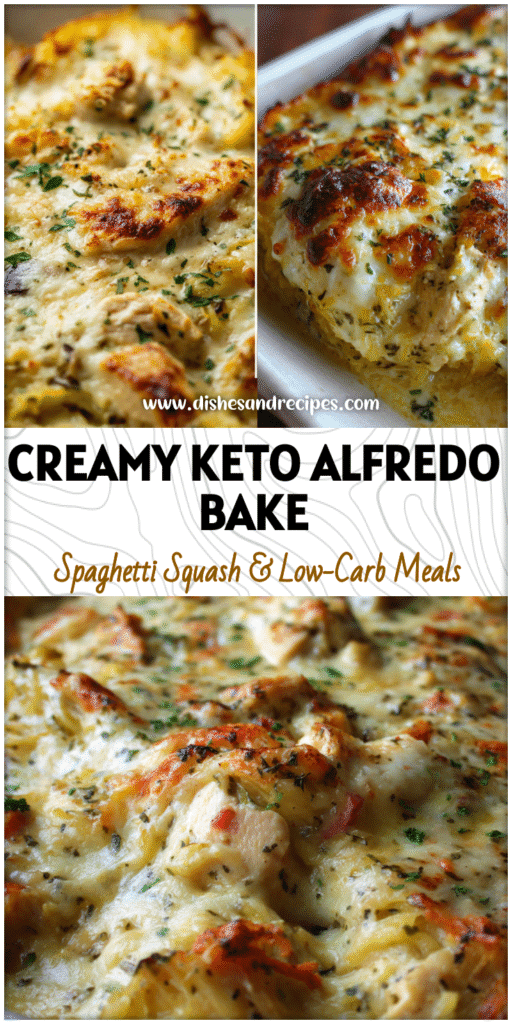 Home 16 Golden baked Spaghetti Squash Chicken Alfredo topped with melted cheese and herbs in a casserole dish.