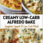 Golden baked creamy chicken alfredo spaghetti squash topped with shredded chicken and herbs.