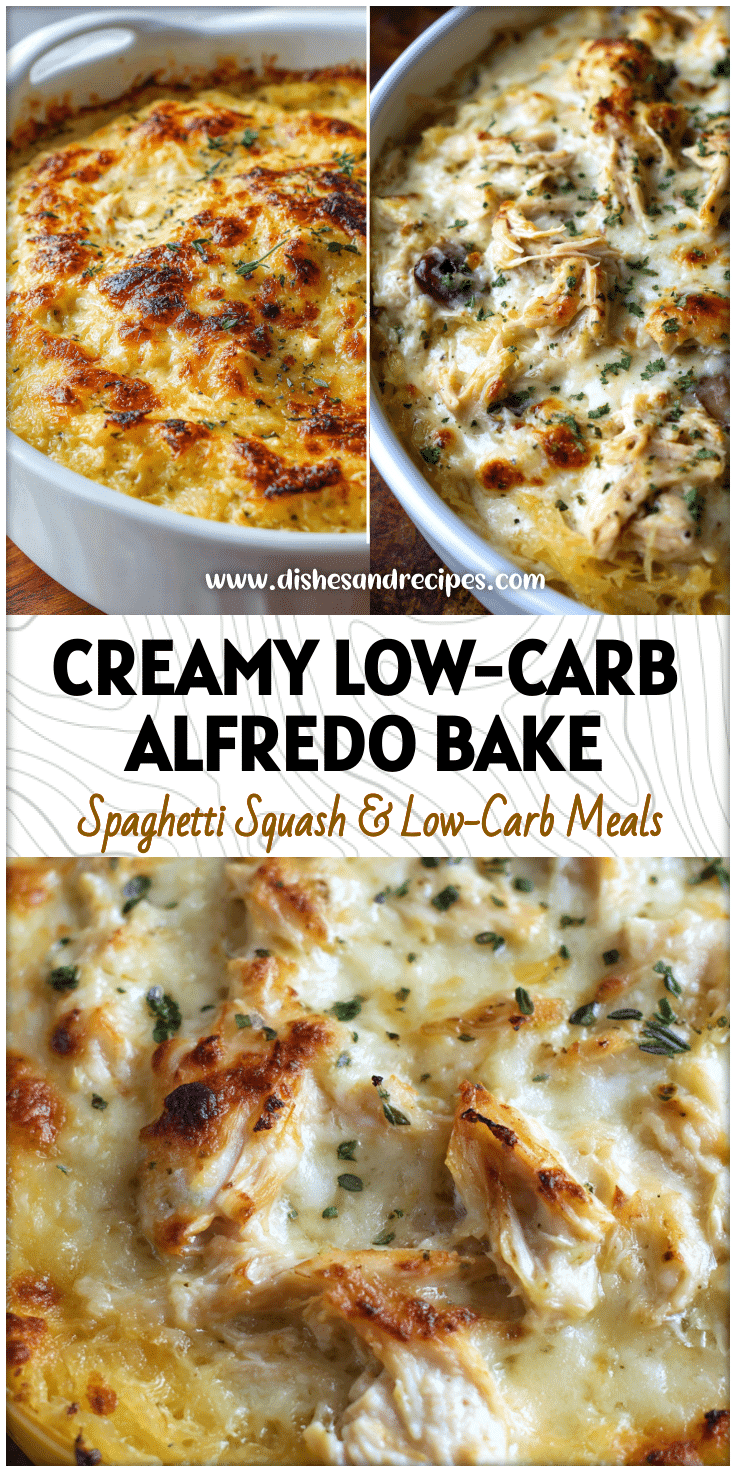 Golden baked creamy chicken alfredo spaghetti squash topped with shredded chicken and herbs.