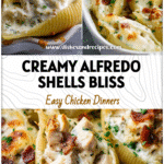 Golden baked Chicken Alfredo Stuffed Shells filled with creamy sauce and herbs on a white dish