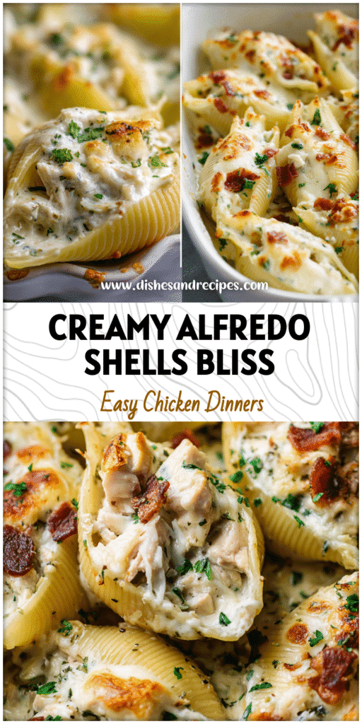 Golden baked Chicken Alfredo Stuffed Shells filled with creamy sauce and herbs on a white dish