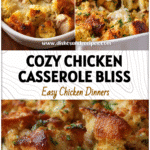 Creamy Chicken And Stuffing Casserole for Cozy Family Dinners 5 Golden baked Chicken And Stuffing Casserole with tender rotisserie chicken and creamy filling served in a white dish.