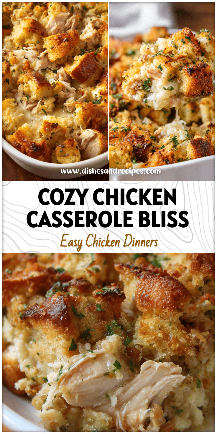 Golden baked Chicken And Stuffing Casserole with tender rotisserie chicken and creamy filling served in a white dish.