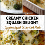 Golden Cheesy Chicken And Broccoli Stuffed Spaghetti Squash baked with creamy Alfredo sauce and fresh herbs.