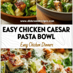 Bowl of Chicken Caesar Pasta Salad with lettuce, pasta, chicken, and dressing for a refreshing health dinner recipe