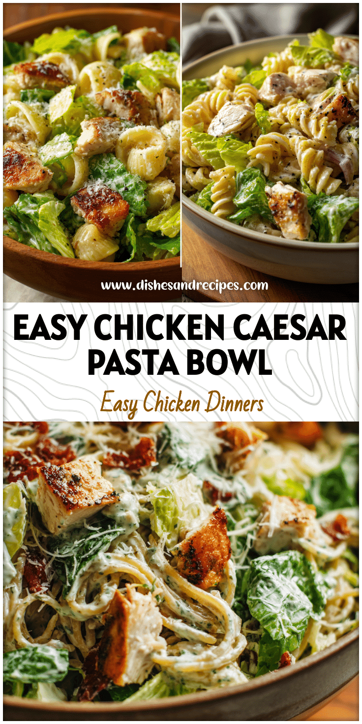 Bowl of Chicken Caesar Pasta Salad with lettuce, pasta, chicken, and dressing for a refreshing health dinner recipe