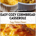 A baked Jiffy Cornbread Chicken Casserole topped with golden crust and creamy chicken filling in a white dish.