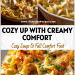 Baked Chicken Noodle Casserole topped with golden cheese and herbs served in a casserole dish.