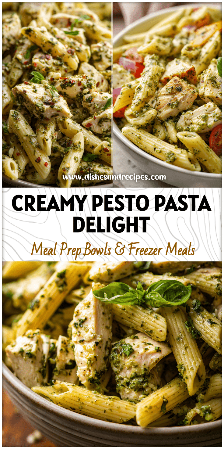 A bowl of Creamy Chicken Pesto Pasta Salad with penne, fresh basil, and chunks of chicken for a Cold Chicken Meal.