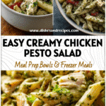 Creamy Chicken Pesto Pasta Salad for Easy Cold Meals and Picnics 5 Bowl of Creamy Chicken Pesto Pasta Salad made with penne, tender chicken, and fresh herbs for cold chicken dishes and picnic recipes