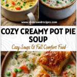 Creamy Chicken Pot Pie Soup Recipe for Cozy Nights 5 Bowl of creamy Chicken Pot Pie Soup topped with vegetables and flaky crust pieces on a rustic table