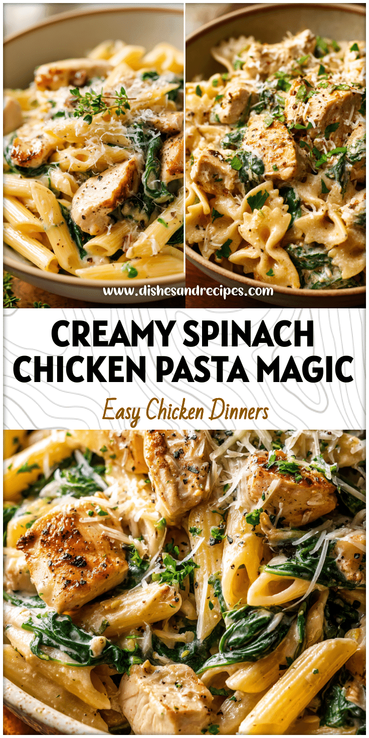 Bowl of creamy chicken and spinach pasta topped with Parmesan cheese and fresh herbs.