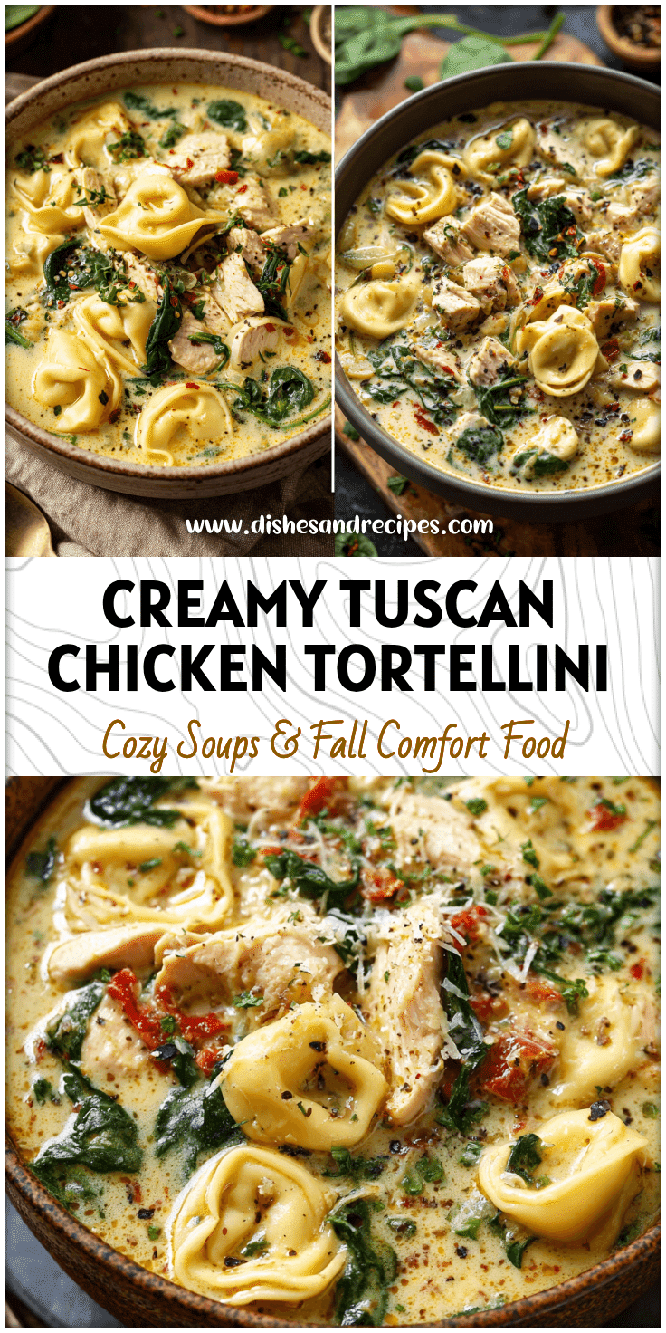 Bowl of creamy chicken tortellini soup with spinach and Tuscan herbs in a rustic setting