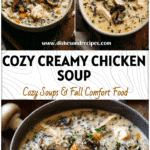 Bowl of Cream Of Chicken And Wild Rice Soup with mushrooms and herbs on a wooden table.