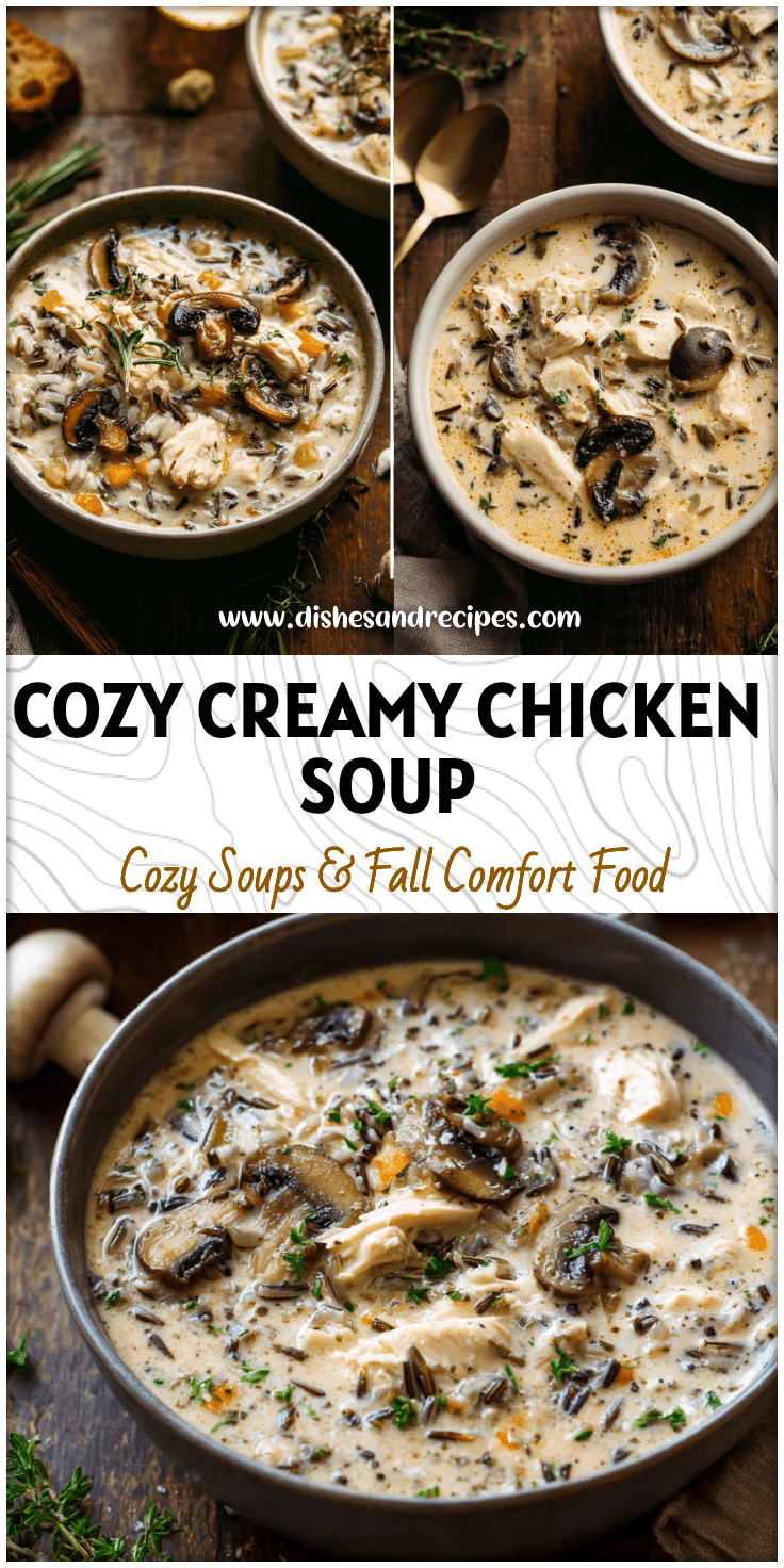 Bowl of Cream Of Chicken And Wild Rice Soup with mushrooms and herbs on a wooden table.