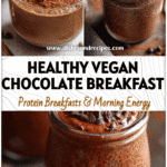 Creamy Chocolate Chia Seed Pudding for a Healthy Vegan Breakfast 5 Glass jar filled with rich Chocolate Almond Butter Chia Pudding topped with cacao nibs as a Chia Pudding Vegan breakfast treat.