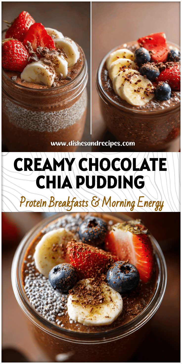 A glass jar filled with creamy Chocolate Chia Pudding topped with fruit, a healthy vegan high protein dessert.