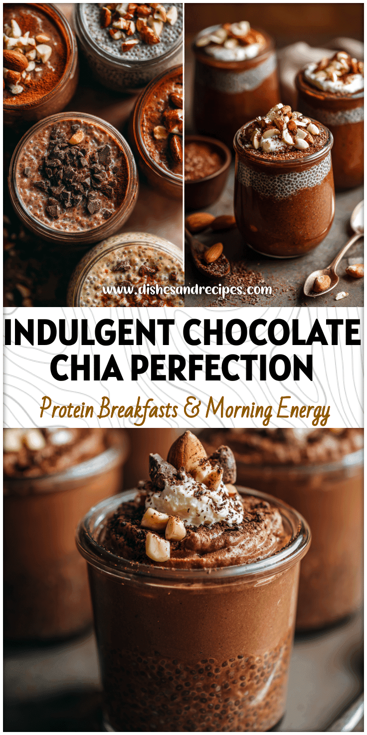 Glass jars filled with creamy Chocolate Almond Butter Chia Pudding topped with cacao and nuts for a Chia Pudding Vegan breakfast.