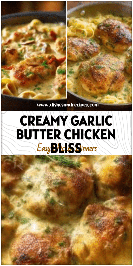 Golden creamy garlic butter chicken in a skillet served with fresh herbs and pasta for a cozy dinner recipe chicken.