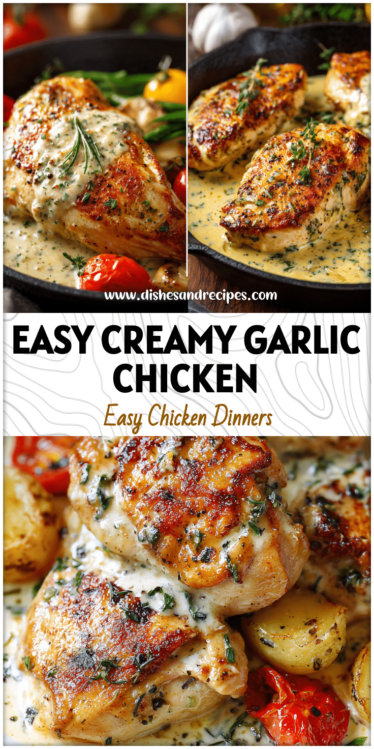 Plate of creamy garlic chicken breast served with herbs and vegetables for healthy dinner recipes