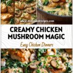 Close-up of creamy mushroom chicken skillet with spinach and chives for an easy family dinner.