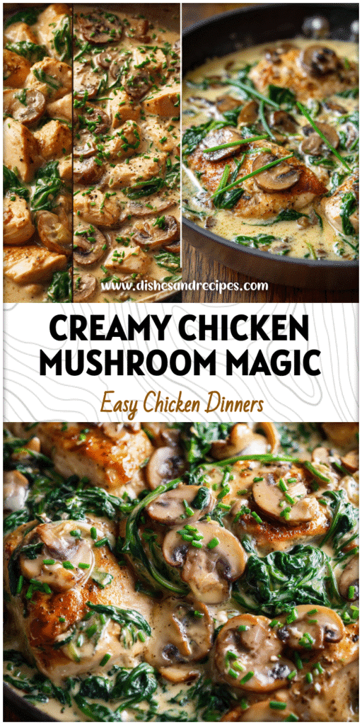Close-up of creamy mushroom chicken skillet with spinach and chives for an easy family dinner.