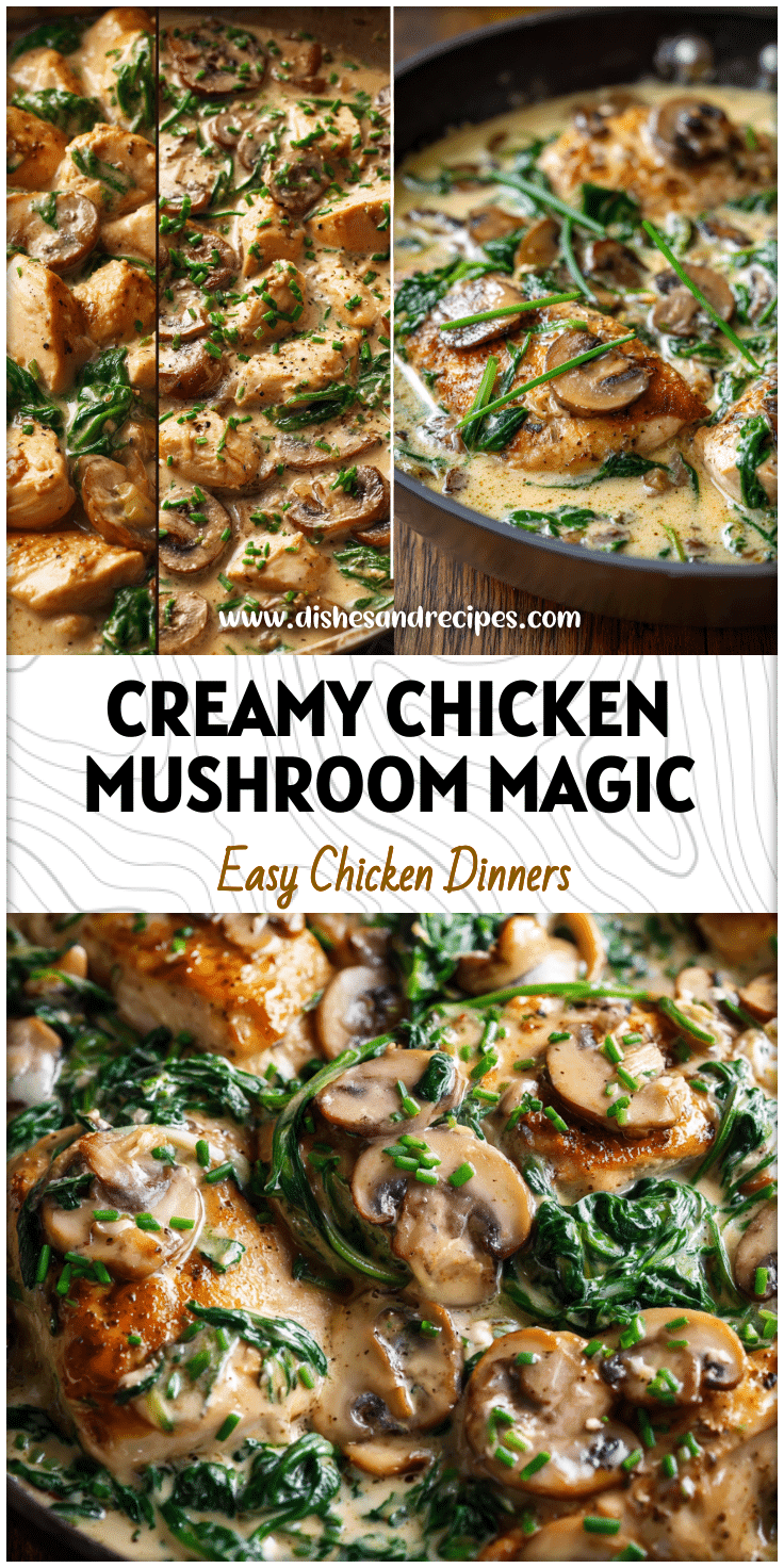 Close-up of creamy mushroom chicken skillet with spinach and chives for an easy family dinner.