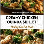 A creamy chicken broccoli quinoa skillet shown in a pan, a healthy meal casserole for dinner using broccoli.