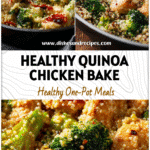 One-pan creamy chicken and broccoli quinoa skillet shown as a healthy meal casserole with colorful veggies.