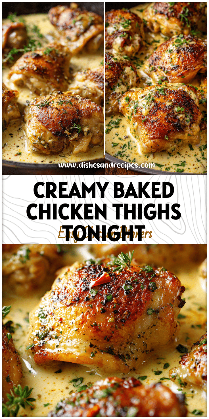 Plate of creamy oven baked chicken thighs in rich sauce served with herbs and sides.