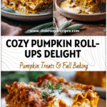 Golden Pumpkin Lasagna Roll Ups layered with ricotta and sauce on a rustic fall table setting