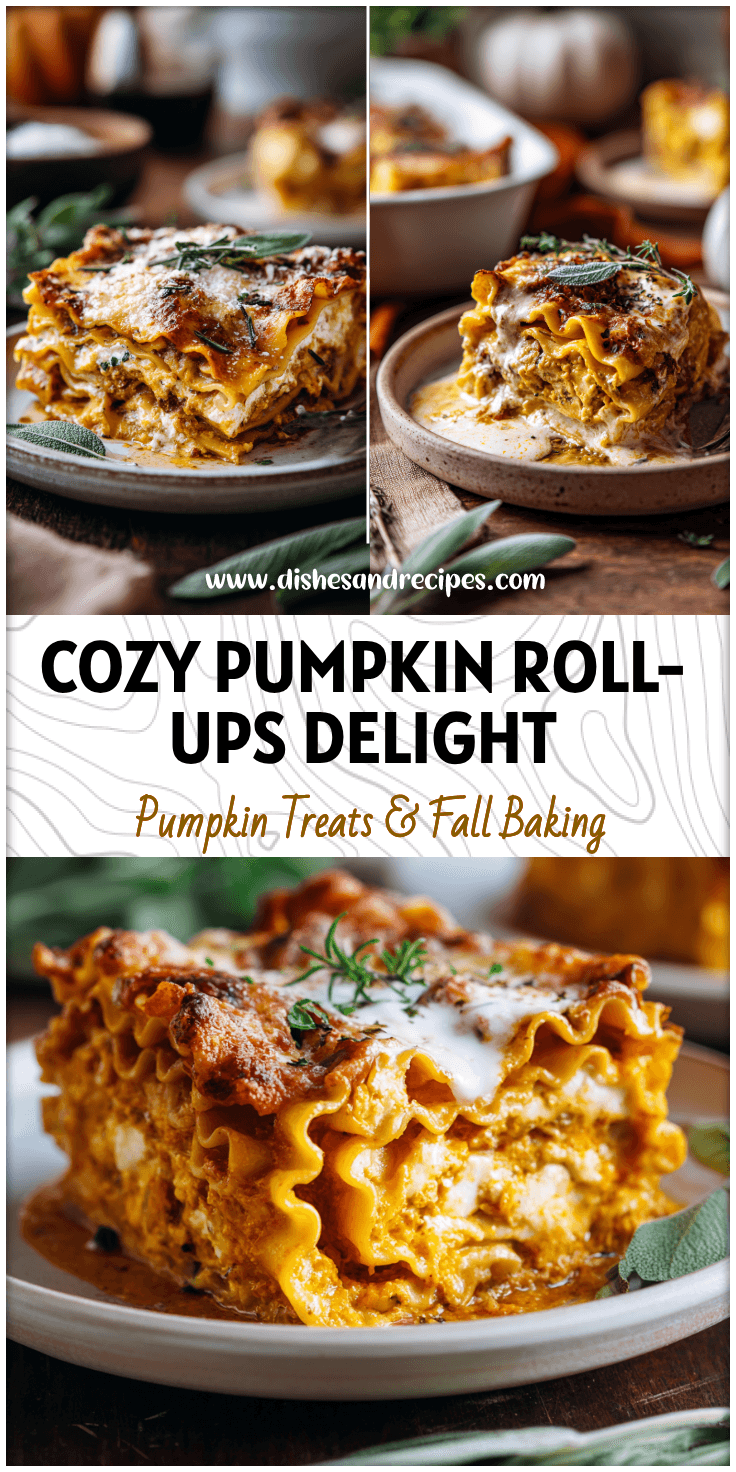 Golden Pumpkin Lasagna Roll Ups layered with ricotta and sauce on a rustic fall table setting