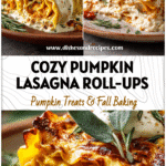 Golden Pumpkin Lasagna Roll Ups with ricotta filling and fall-inspired garnish on a rustic plate