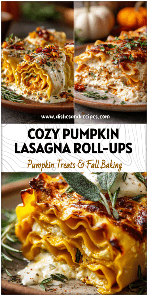 Golden Pumpkin Lasagna Roll Ups with ricotta filling and fall-inspired garnish on a rustic plate