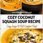 A bowl of creamy roasted butternut squash soup with coconut milk garnished with herbs.