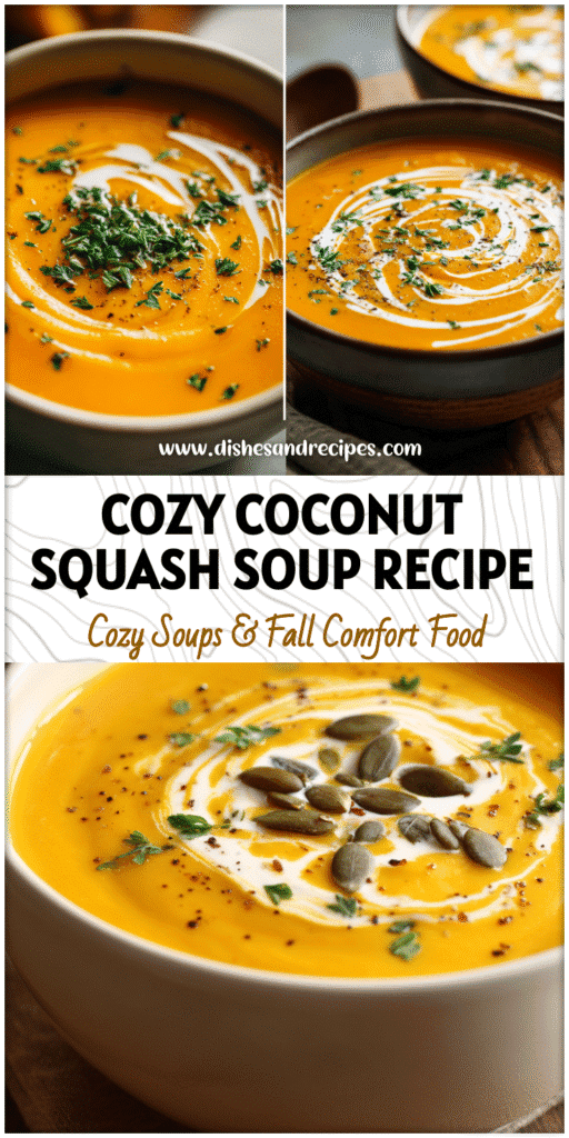 A bowl of creamy roasted butternut squash soup with coconut milk garnished with herbs.