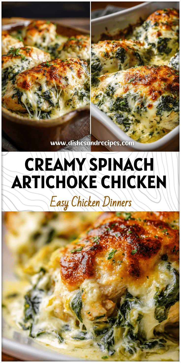 Golden baked chicken topped with creamy spinach artichoke dip and melted cheese served in a casserole dish.