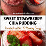 Creamy Strawberry Chia Seed Pudding Recipe for a Sweet Breakfast Treat 5 Creamy strawberry chia seed pudding served in a glass jar topped with sliced strawberries and fresh mint.