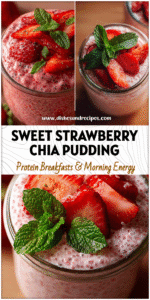 Home 4 Creamy strawberry chia seed pudding served in a glass jar topped with sliced strawberries and fresh mint.