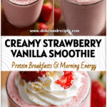 Creamy Strawberry Protein Smoothie for a Fresh Morning Boost 5 Glass of Strawberry And Cream Smoothie made with Strawberries And Cream Protein Powder topped with fresh berries for a healthy Protein Shakes Breakfast.