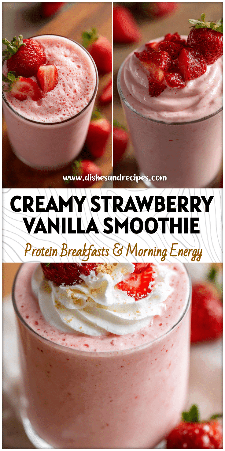 Glass of Strawberry And Cream Smoothie made with Strawberries And Cream Protein Powder topped with fresh berries for a healthy Protein Shakes Breakfast.