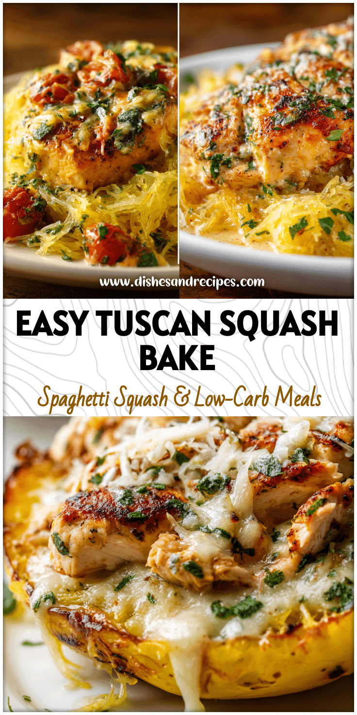 A plate of creamy Tuscan Spaghetti Squash Chicken Parmesan showing golden Chicken Spagetti Squash with sauce and herbs.
