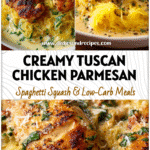 Golden Chicken Parmesan served over creamy Tuscan Spaghetti Squash with herbs and cheese for a light pasta-style meal.