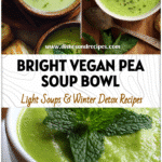 Close-up of creamy Green Pea Soup With Herbs garnished with mint and served for a Spring Lunch