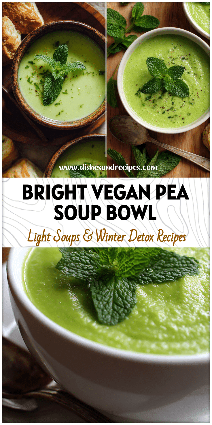 Close-up of creamy Green Pea Soup With Herbs garnished with mint and served for a Spring Lunch