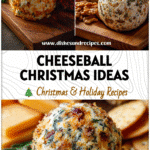 Assorted Cheeseball Christmas ornaments and a Taco Cheese Ball Wreath arranged on a wooden board.