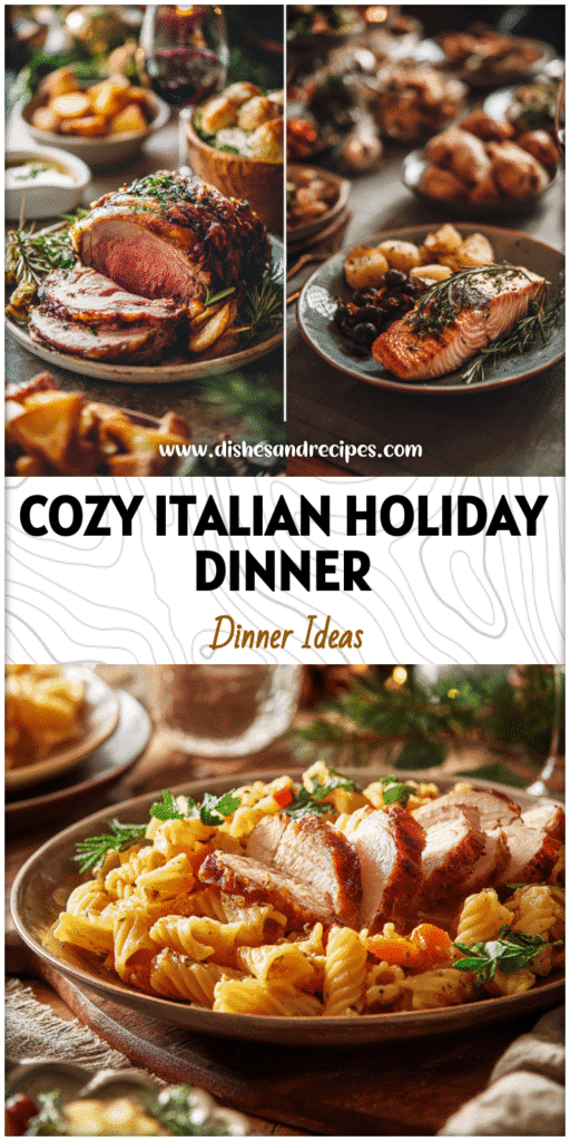 Rustic Italian dishes and wine on a Christmas table showing Creative Christmas Dinner Ideas for a cozy gathering.